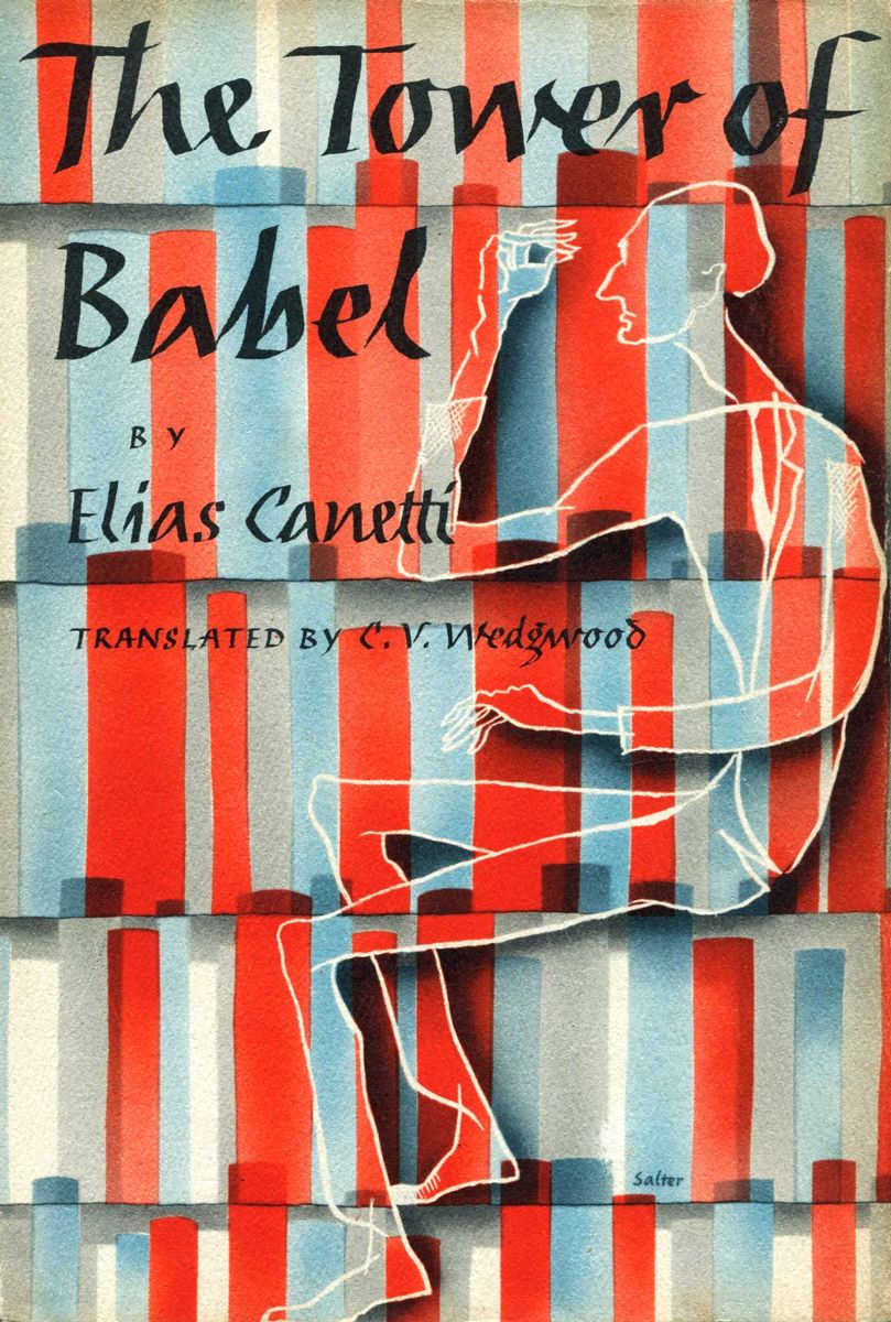 Dust jacket of the 1947 Knopf edition, The Tower of Babel, a figure drawn in white line against a wall of book spines